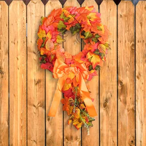Autumn Harvest Festival Maple Leaf Wreath Artificial Rattan Ring Hanging Garland With Orange Bow Home Wall Door Decoration