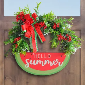 Vibrant watermelon wreath door sign with artificial greenery and Hello Summer text