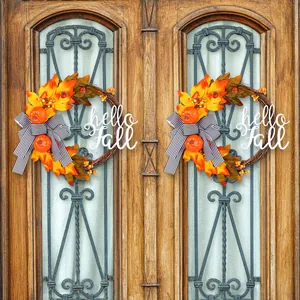 Autumn harvest wreath featuring maple leaves, pumpkins, and a hello Fall sign for door
