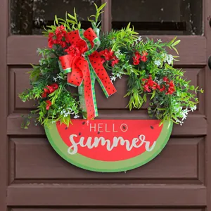 Artificial summer watermelon wreath with Hello Summer wooden sign for front door decor