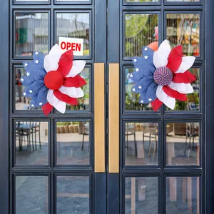 American Independence Day Wreath Patriotic Red White Blue Burlap Sunflower Door Wreath Stars Stripes Festive Hanging Decoration National Day Decor