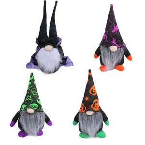 Sammlung von 4 Halloween-Zwergen ohne Gesicht mit Kürbis- und Totenkopf-Mustern