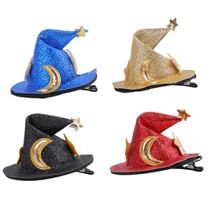 Set of 4 glitter miniature witch hat hair clips in various colors for Halloween party