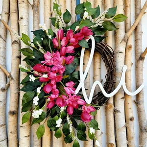 Frühlings-Tulpenkranz mit weißem „hi“-Schild für die Haustür und Heimwanddekoration.