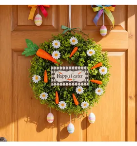 Detailed view of a lush green Easter wreath with daisies, carrots and eggs on a door