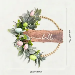 Easter wreath with wooden plaque, rabbit ear leaves, and colorful eggs decoration