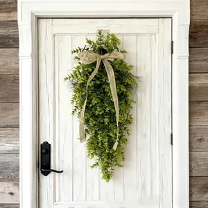 Lifelike spring Easter artificial eucalyptus teardrop wreath with burlap bow for door hanging