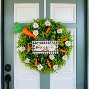 Lush artificial Easter wreath featuring white daisies, carrots and Happy Easter sign on door