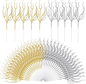 Detail view showing multiple gold and silver glitter Christmas branches in a fan arrangement