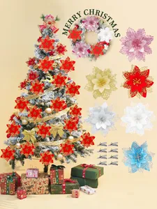Flores de nochebuena artificiales brillantes para decoración de árboles con clips