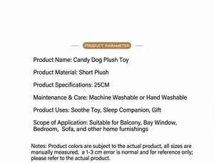 Información detallada del producto y materiales para el peluche de perro suave