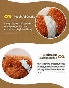 Detalle de primer plano de un suave peluche de perrito marrón con lazo de cuadros