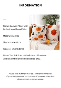 Detail of Halloween pumpkin embroidered canvas pillow cover with specifications and notes.