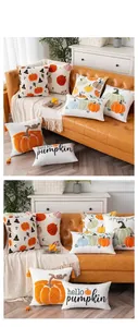 Decorative Halloween pumpkin towel embroidered pillow covers on a cozy leather sofa