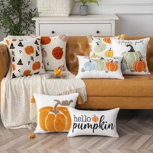 Halloween pumpkin throw pillow covers with chenille embroidery for cozy fall home decor