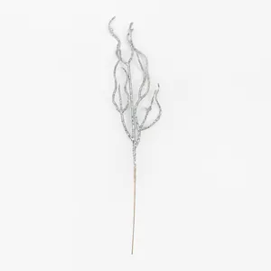 Detailed view of silver glitter decorative branch for Christmas tree and wreath decor.