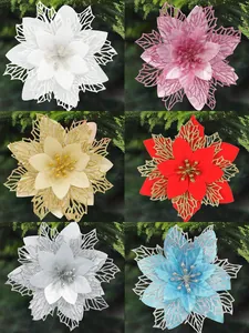 Seis colores de flores de Navidad artificiales con purpurina para decorar árboles