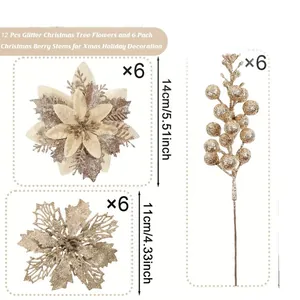 Detailed view showing dimensions and quantities of glitter Christmas flowers and berries.