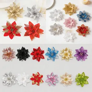 A variety of colorful glitter artificial Christmas flower heads for tree decor