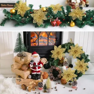 Flores de nochebuena artificiales con purpurina dorada para decoraciones navideñas