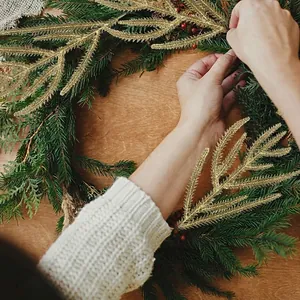Artificial glitter gold Christmas leaf branches for DIY holiday wreath decoration