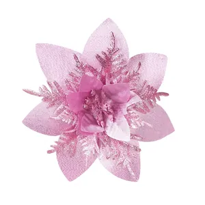 Fleur de Noël artificielle rose scintillante pour décoration de sapin et DIY festif