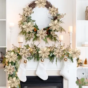 Artificial glitter Christmas poinsettia flowers used for wreath and mantel decoration