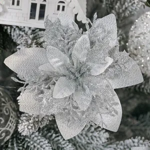 Macro view of a silver glitter poinsettia flower head for Christmas tree decoration