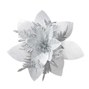 Élégante fleur de poinsettia de Noël artificielle argentée avec finition pailletée brillante