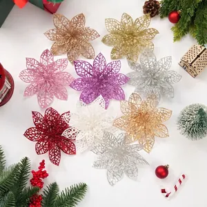Flores de Nochebuena Artificiales Caladas Con Purpurina para Decoración de Árbol de Navidad Flores de Plástico para Hogar Fiesta