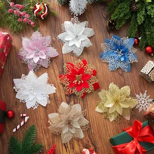 Flores de Navidad Artificiales Flor de Pascua con Purpurina Adornos para Árbol de Navidad Corona Guirnalda Decoración Fiesta