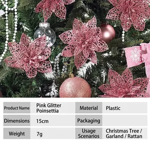 Impresionantes flores de nochebuena caladas con purpurina rosa para el árbol de Navidad