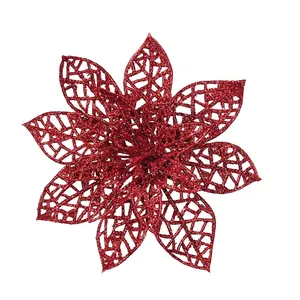 Flor de nochebuena artificial roja con purpurina calada para decorar el árbol de Navidad