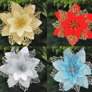 Flores de nochebuena artificiales con purpurina para árbol de Navidad, set de 4 colores