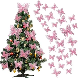Pink glitter hollowed butterfly ornaments shown on Christmas tree and in a set view