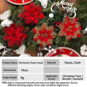 Flores de nochebuena navideñas rojas y doradas con purpurina para árbol 14cm