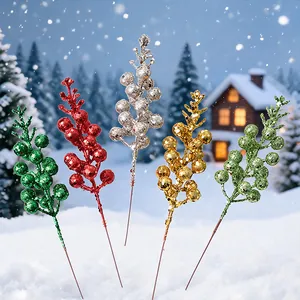 Five-color artificial glitter berry stems for Christmas tree and wreath DIY decor