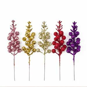 Set of five colorful glitter berry stems for Christmas tree and DIY wreath decoration