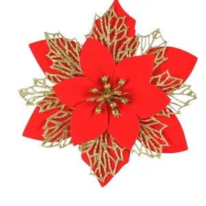 Flor de pascua artificial roja y dorada con purpurina para decorar árboles y coronas.