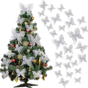 Silver hollow glitter butterflies displayed on a Christmas tree for festive home decor