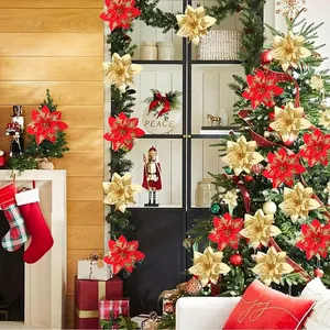 Fleurs de Poinsettia de Noël artificielles rouges et dorées pour décoration de fête