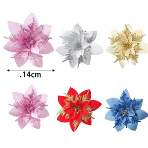 Six fleurs de poinsettia artificielles pailletées pour décoration de sapin de Noël, 14cm