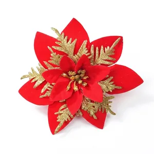 Fleur de poinsettia artificielle rouge et or scintillante pour décoration de Noël