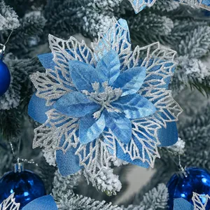 Close-up of blue and silver glitter artificial flower for Christmas tree decoration