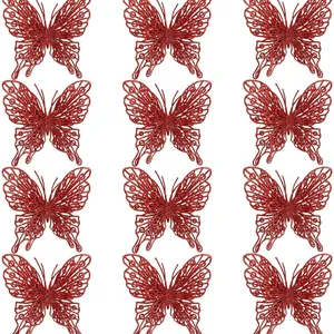 Set of 12 red double-layer glitter butterfly ornaments for Christmas tree decor