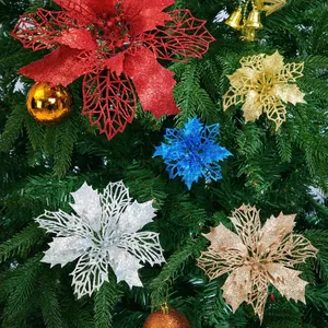 Glittery double-layer artificial Poinsettia flowers for Christmas tree decoration