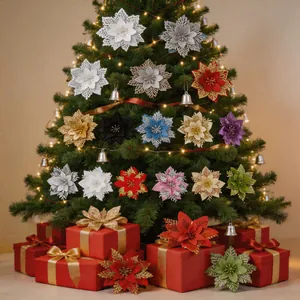 Assorted glitter artificial Christmas flower heads for festive tree and gift decoration