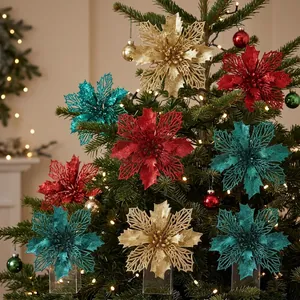 Glittery double-layered poinsettia flowers set for festive Christmas tree decoration