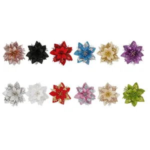 Set of 12 colorful glitter artificial poinsettia flower heads for Christmas tree decor