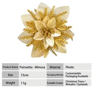 Dettaglio di un fiore di Natale dorato da 15 cm con glitter per decorazioni.